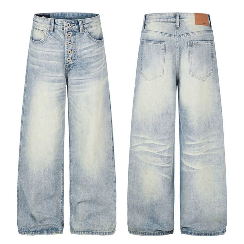 Women's High-Waist Wide Denim Palazzo Jeans with Button Fly and Used Wash Mune Fashion