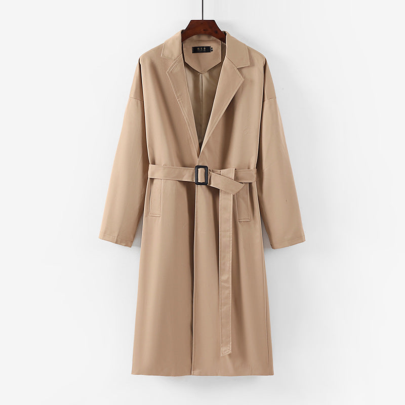 Women's Longline Trench Coat with Waist Belt and Dropped Lapel Mune Fashion