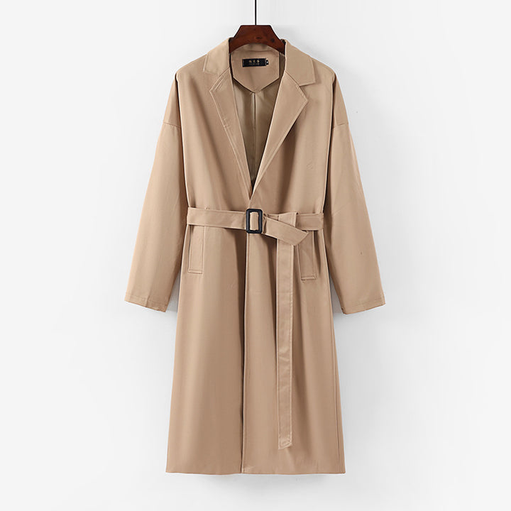 Women's Longline Trench Coat with Waist Belt and Dropped Lapel Mune Fashion