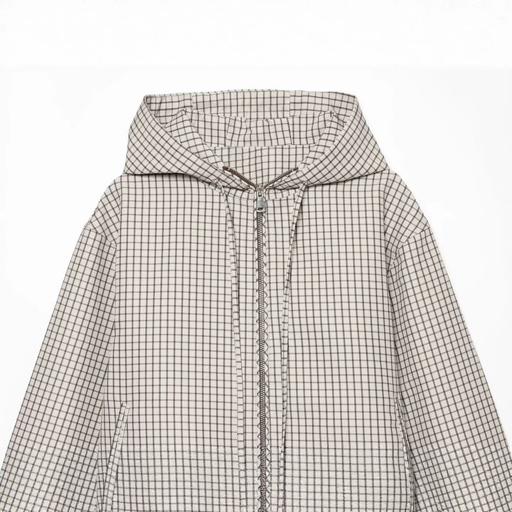 Women's Checkered Cropped Windbreaker with Hood, Drawstring and Zipper Drune