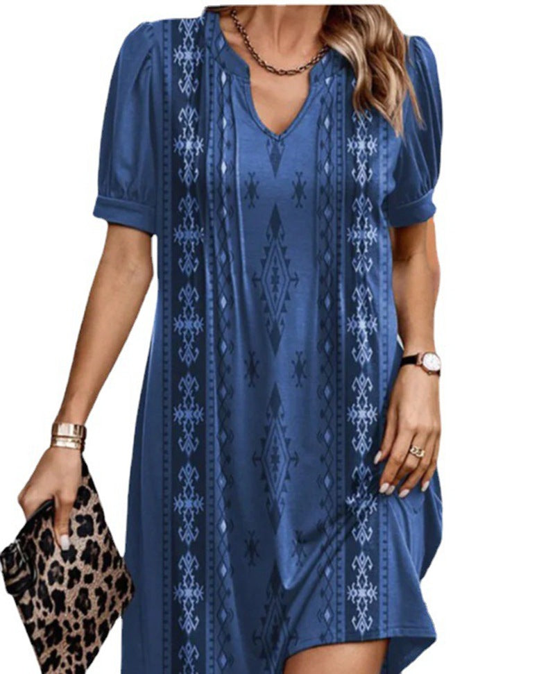 Women's A-line short dress with V-neck, voluminous sleeves, and vertical ethnic print Mune Fashion