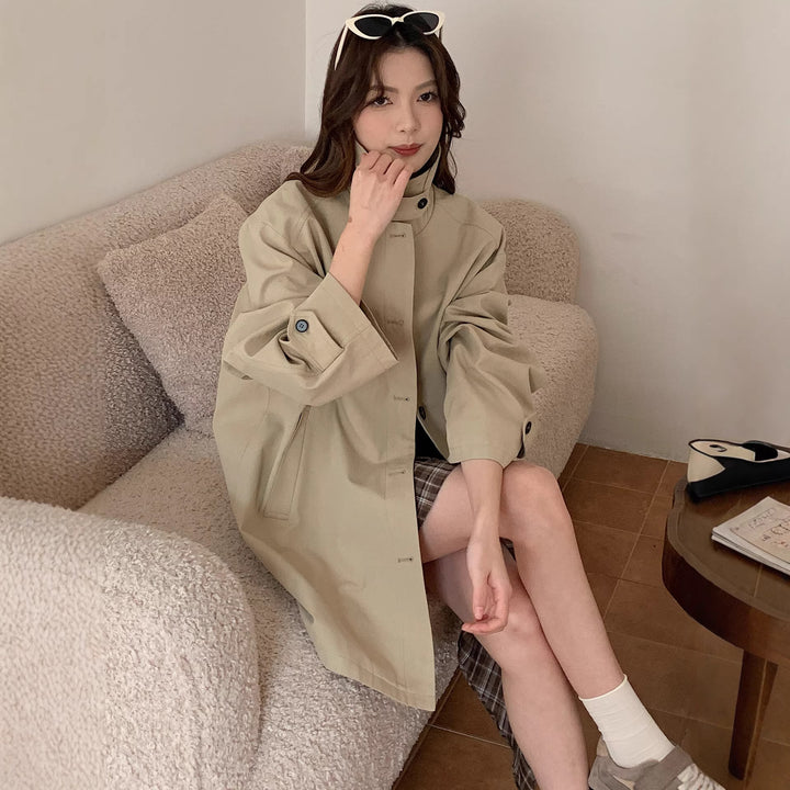 Women Boxy Short Coat with High Stand Collar Visible Button Closure and Side Pockets Mune Fashion