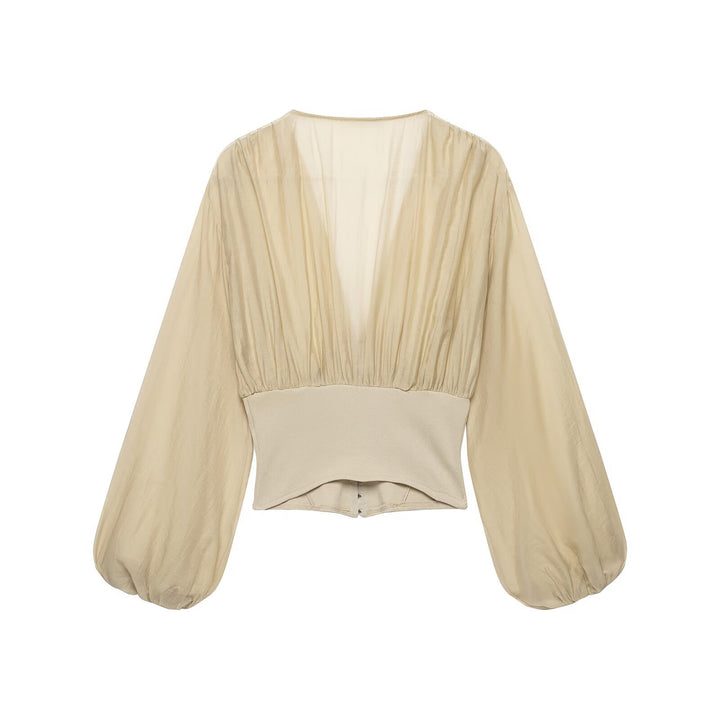 Women's fitted corset top with transparent balloon sleeves and deep V-neck Drune