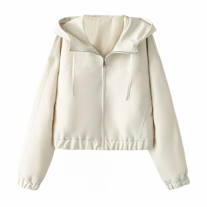 Women's cropped hooded windbreaker with concealed zipper, elastic hem, and clean oversized fit Mune Fashion