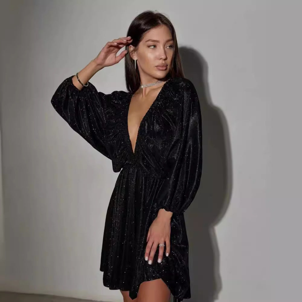 Women's Glittering Evening Dress with Deep V Neckline, Balloon Sleeves and Waist-Defining Bell Skirt Mune Fashion