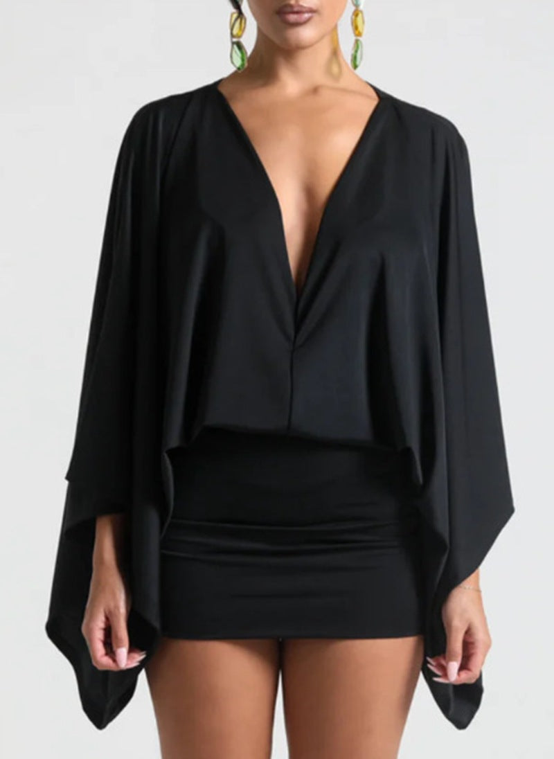 Women nan cape mini dress with deep V-neck, batwing sleeves and tailored mini skirt Mune Fashion