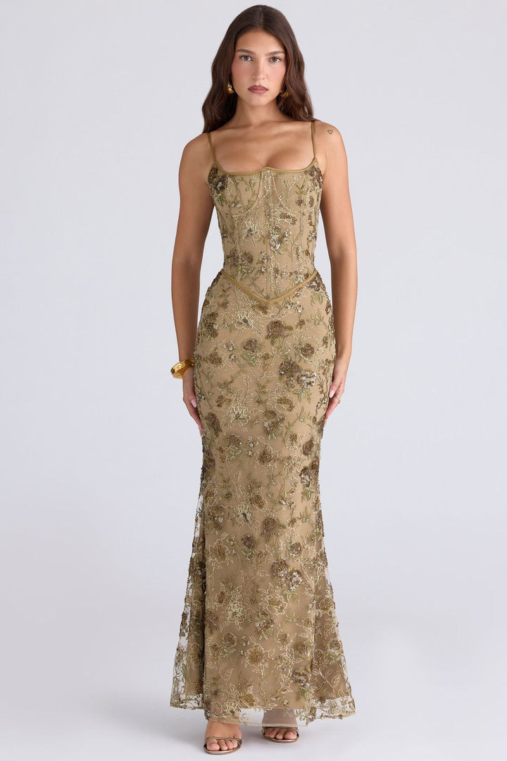 Ladies embroidered corset evening dress with transparent lace and figure-hugging silhouette Mune Fashion