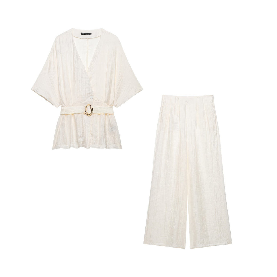 Women Two-Piece Linen Look Set with Kimono Top and Wide High Waisted Pants Mune Fashion
