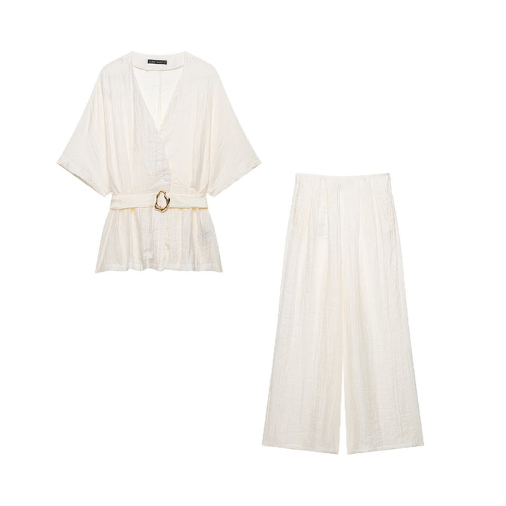 Women Two-Piece Linen Look Set with Kimono Top and Wide High Waisted Pants Mune Fashion