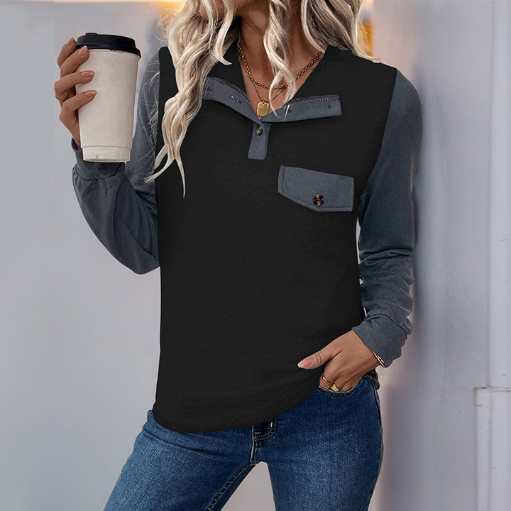 Women Two-Tone Long Sleeve Shirt with Contrast Sleeves, Henley Button Placket and Chest Pocket Mune Fashion
