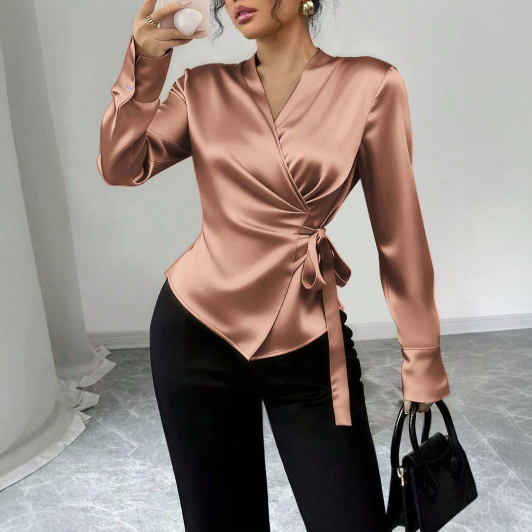 Women's Satin Wrap Blouse with V-Neck, Waist Belt and Slim Cuff Sleeve Mune Fashion
