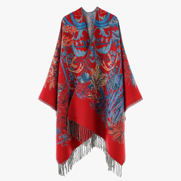 Women's Lined Jacquard Cape Poncho with Floral Baroque Pattern and Fringes Mune Fashion