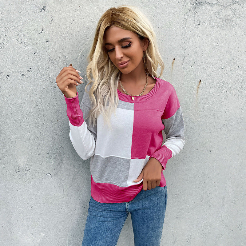 Women's patchwork knit sweater with contrasting panels, round neckline and ribbed hems Mune Fashion