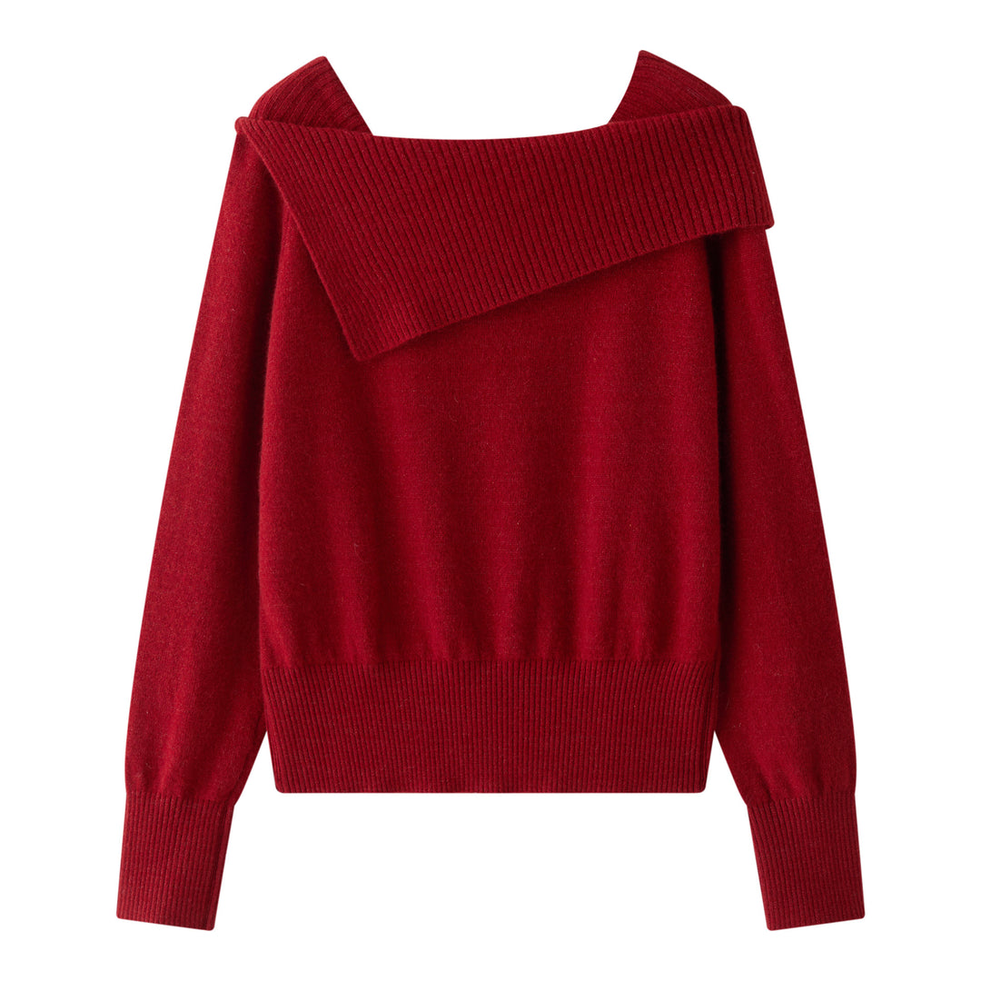 Women's Off-Shoulder Oversized Ribbed Knit Sweater with Folded Collar Mune Fashion