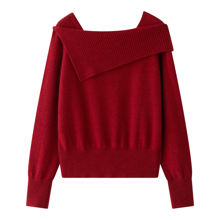 Women's Off-Shoulder Oversized Ribbed Knit Sweater with Folded Collar Mune Fashion