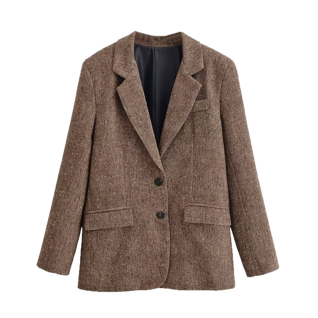 Women's Oversized Tweed Blazer with Herringbone Texture, Flap Pockets and Classic Lapel Mune Fashion