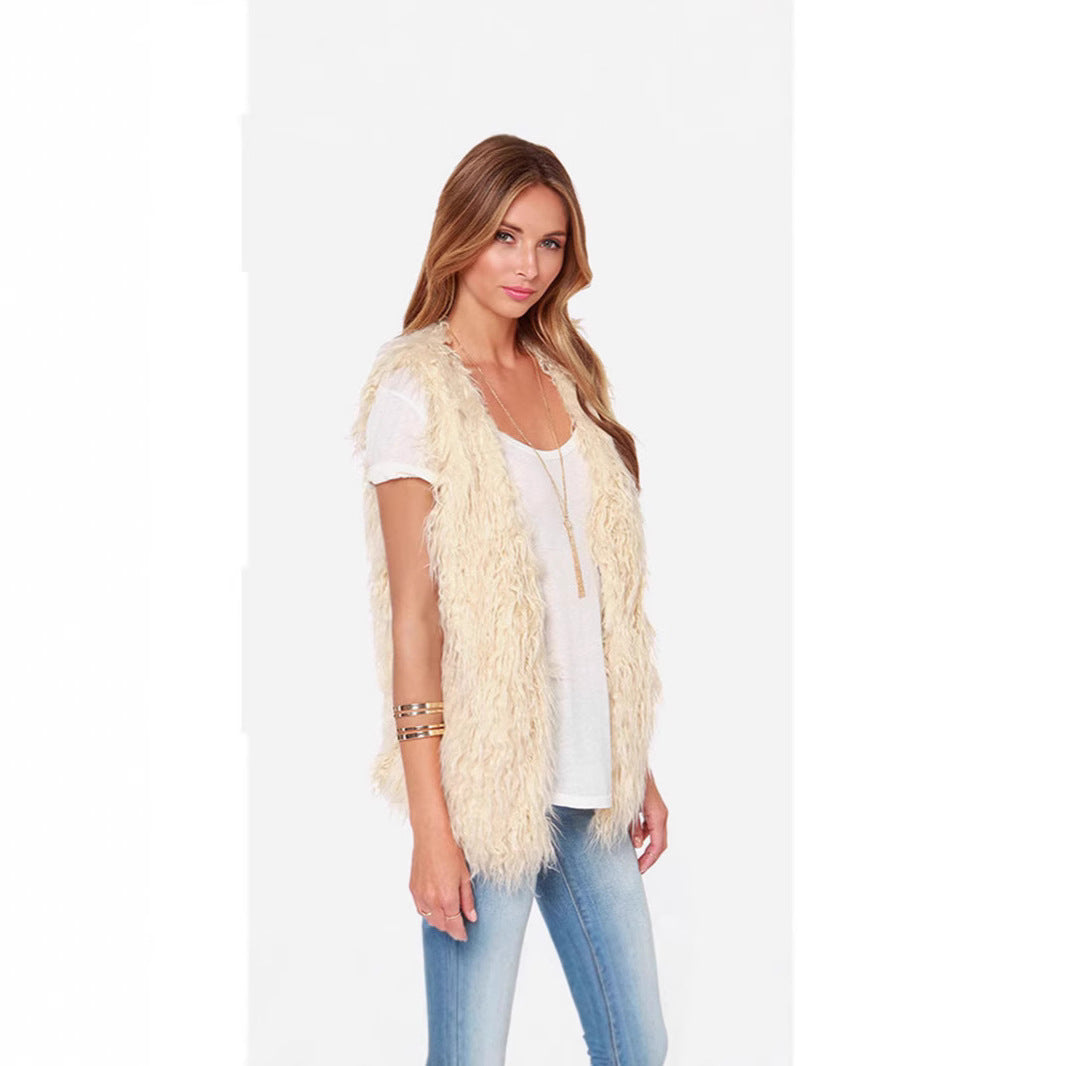 Women Sleeveless Shaggy Faux Fur Vest with Long Pile and Open Hem Mune Fashion