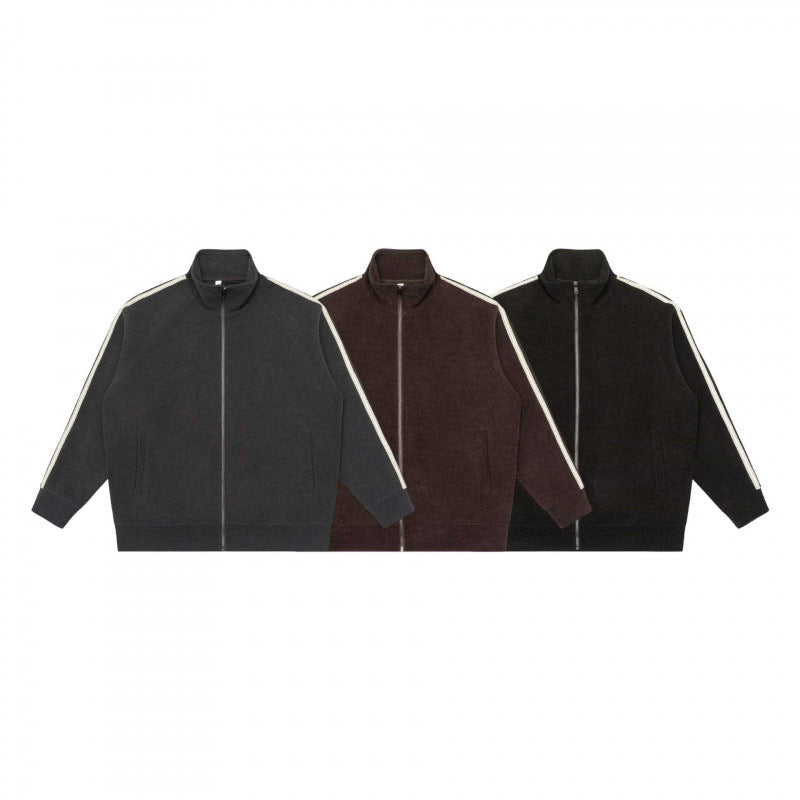 Unisex Oversize Teddy fleece Zipped jacket with stand-up collar and contrast stripes Mune Fashion