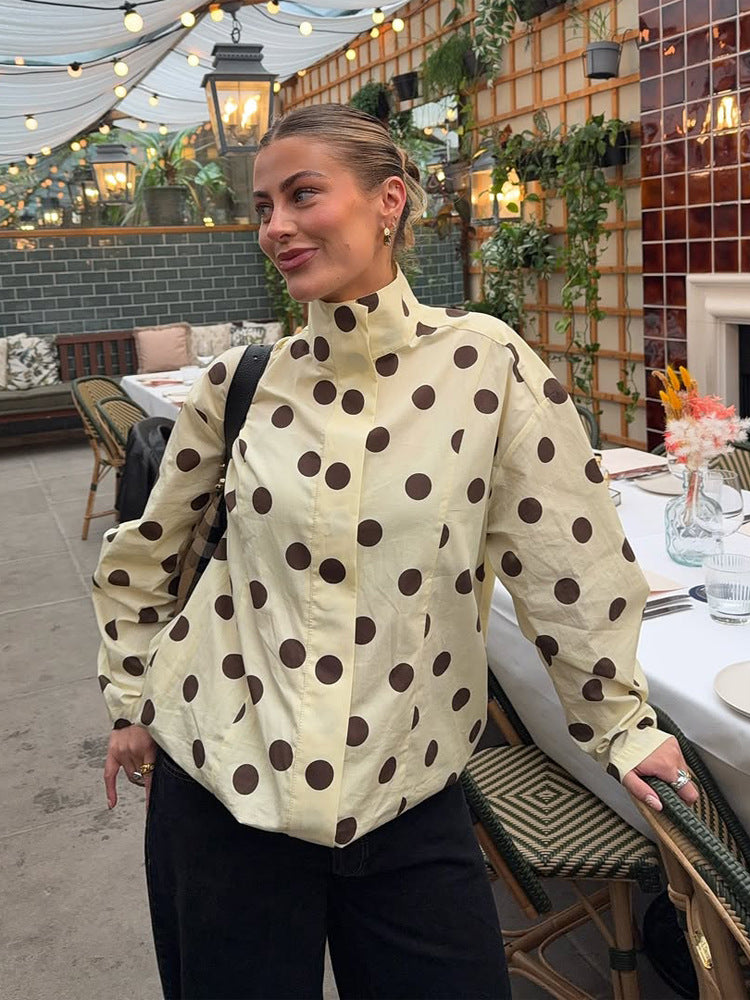 Women's Boxy Shirt Jacket with Stand Collar, Balloon Sleeves and Large Polka Dot Print Mune Fashion