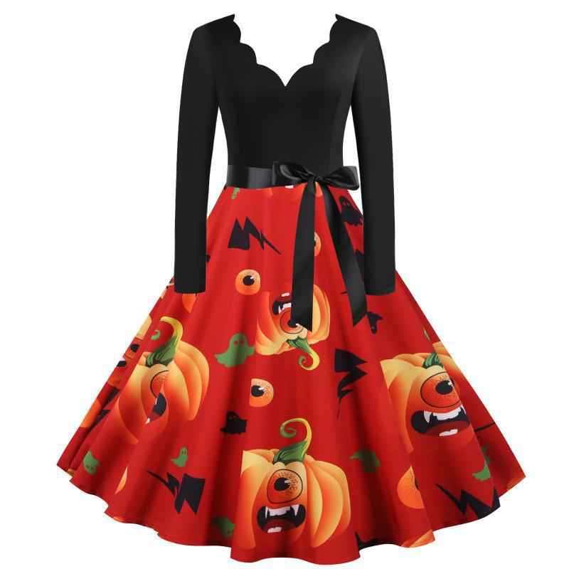 Women Vintage Swing Dress with Halloween Pumpkin Print and Waist Belt Mune Fashion