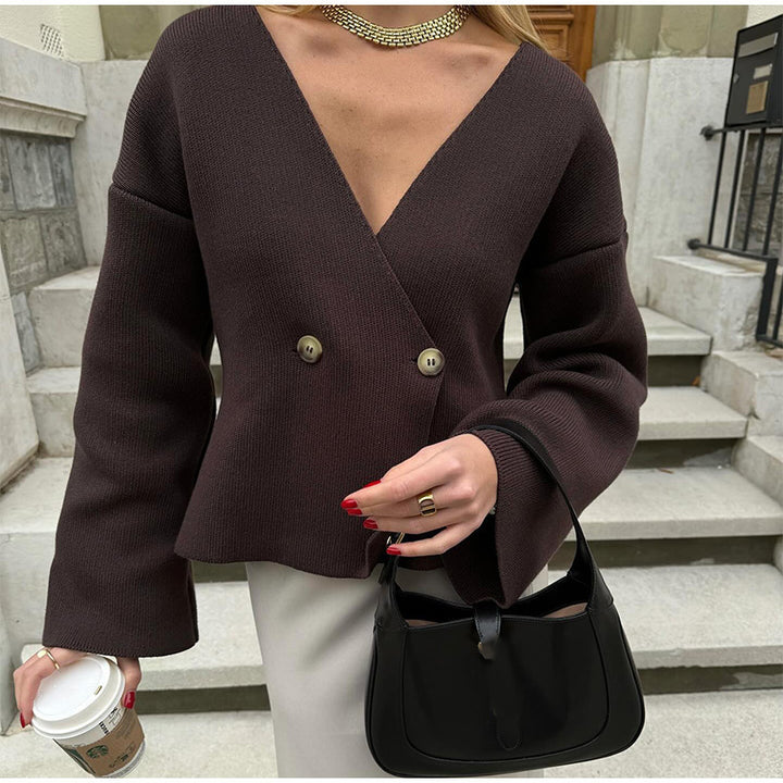 Women's cardigan wrap look with deep V-neck and bell sleeves Mune Fashion