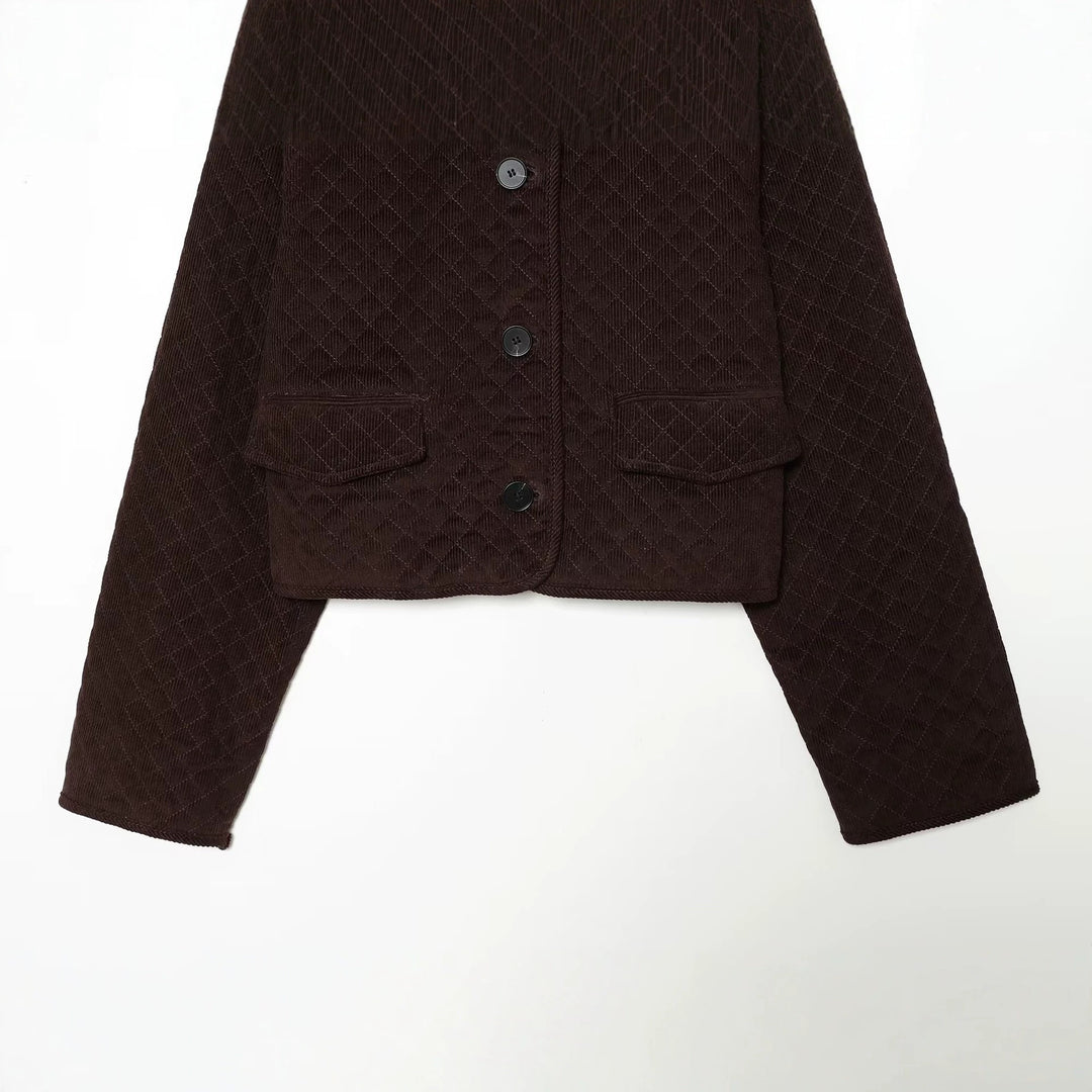 Women's Quilted Cord Jacket in Boxy Cropped Cut with Round Collar and Flap Pockets Mune Fashion