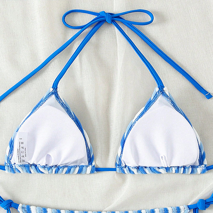 Ladies triangle bikini top with playful striped pattern and adjustable straps Mune Fashion