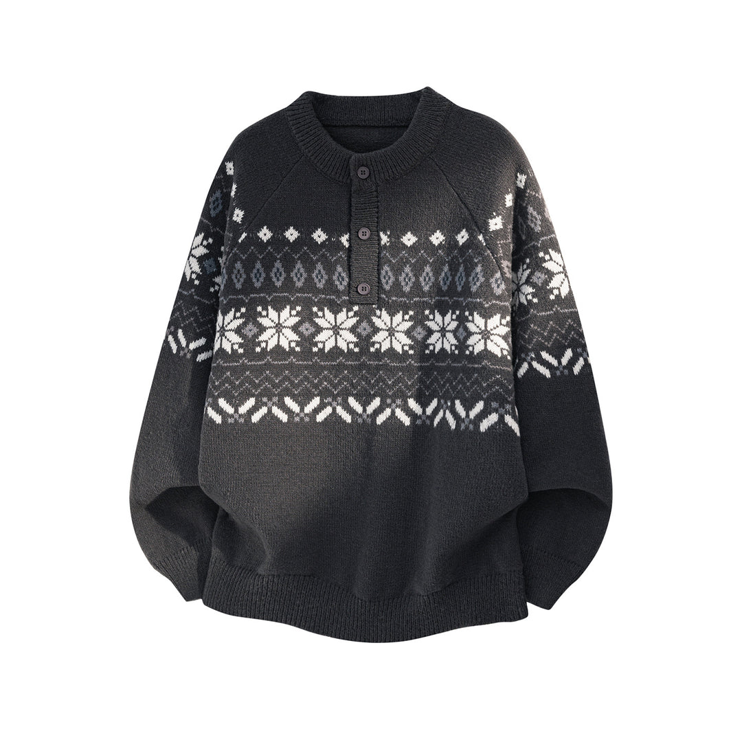 Ladies Oversize Norwegian Knit Sweater with Half Button Placket and Raglan Sleeves Mune Fashion