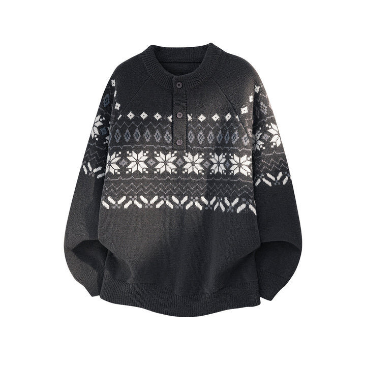 Ladies Oversize Norwegian Knit Sweater with Half Button Placket and Raglan Sleeves Mune Fashion