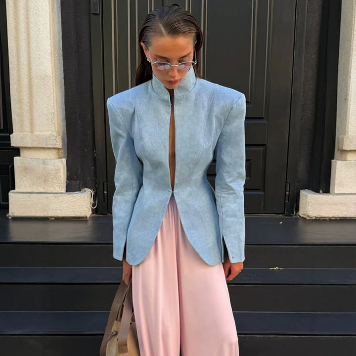 Women's tailored stand collar blazer with concealed hook closure and curved hem Mune Fashion