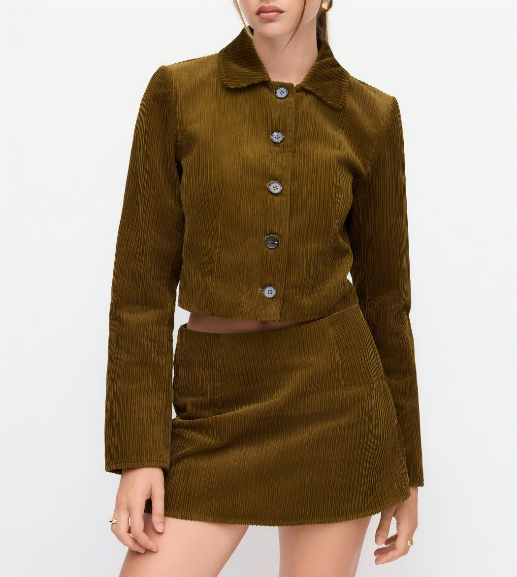 Women's Pleated Short Jacket with Shirt Collar and Turned-up Cuffs Drune