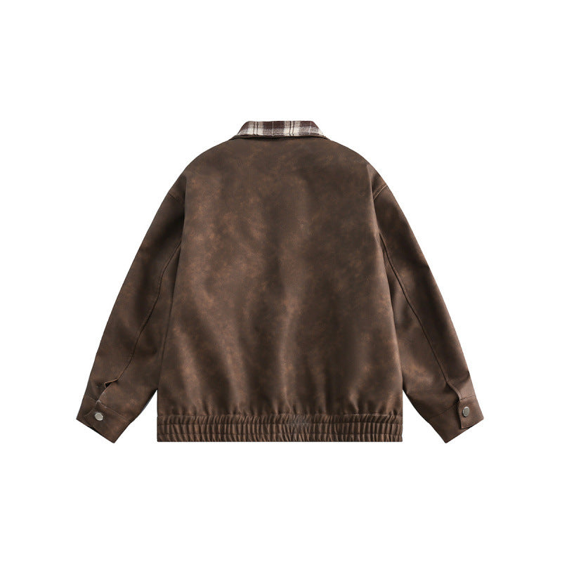 Men's suede look bomber jacket with checked shirt collar, flap pockets, and elastic hem Mune Fashion