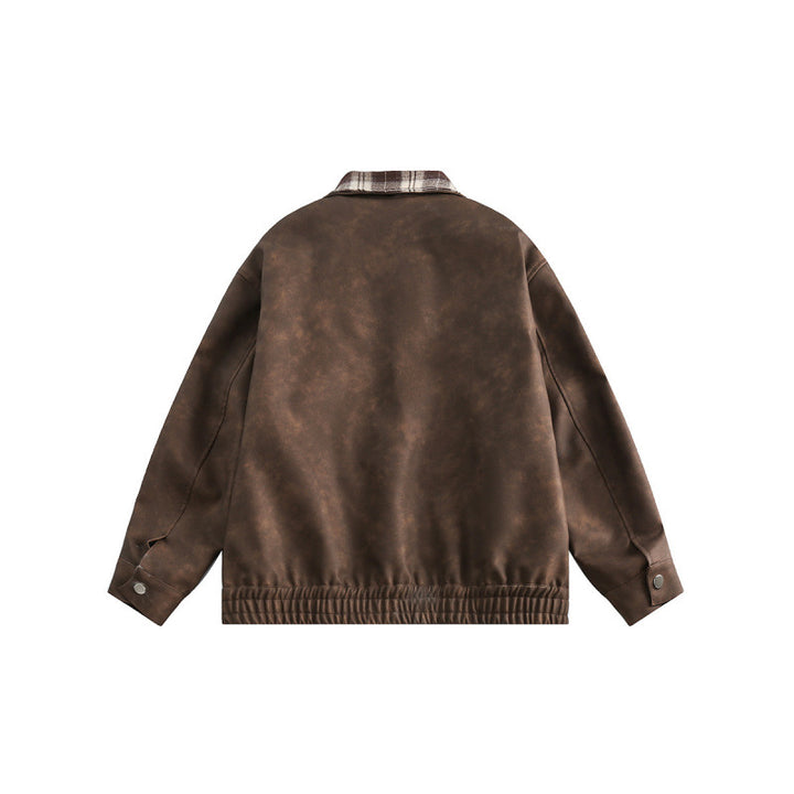 Men's suede look bomber jacket with checked shirt collar, flap pockets, and elastic hem Mune Fashion