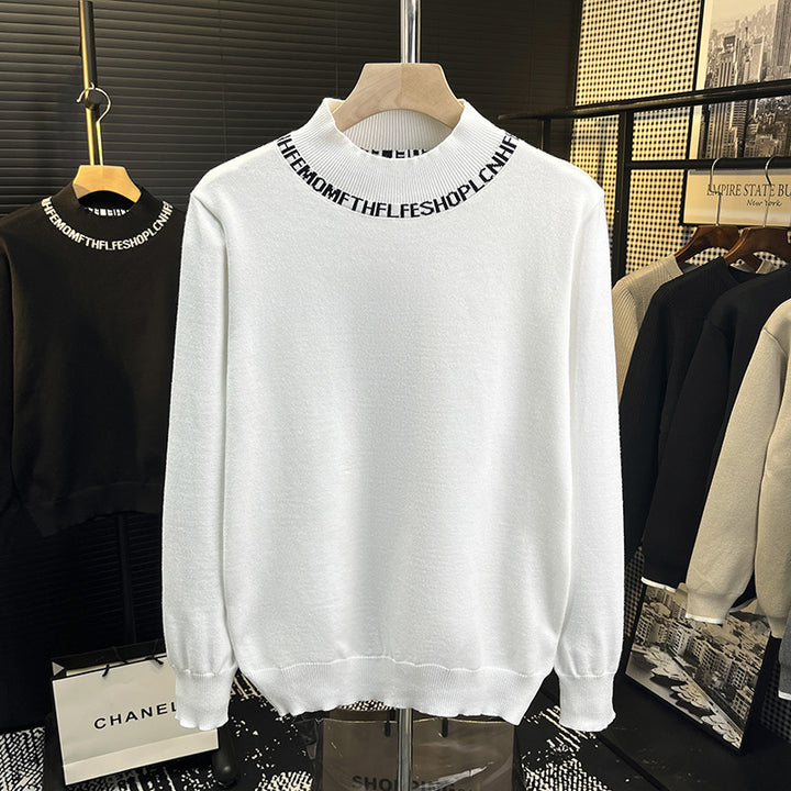 Unisex fine knit sweater with short stand-up collar and contrasting logo collar Mune Fashion
