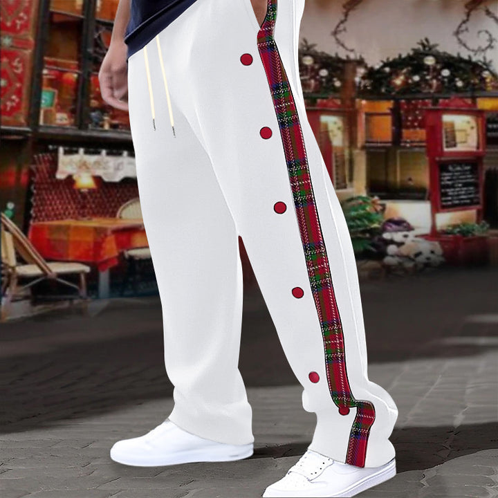 Men's casual jogging pants with checkered side piping, snap button placket, and ankle slits Mune Fashion