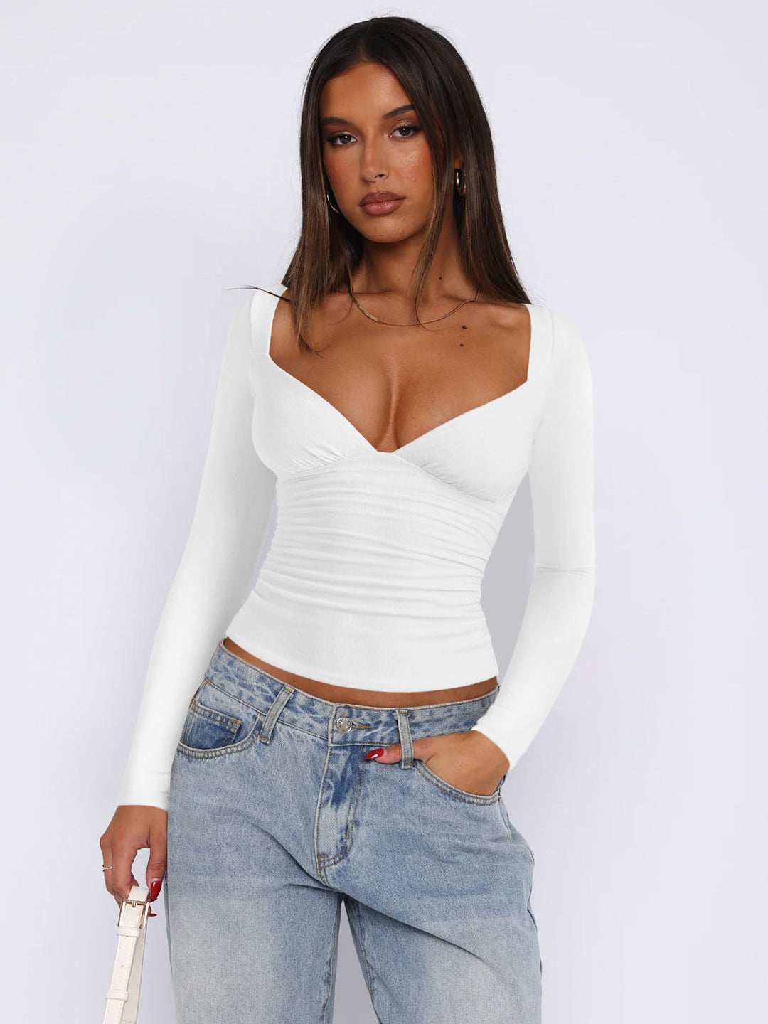Women Fitted Long-Sleeve Top with V-Neckline and Gathers Mune