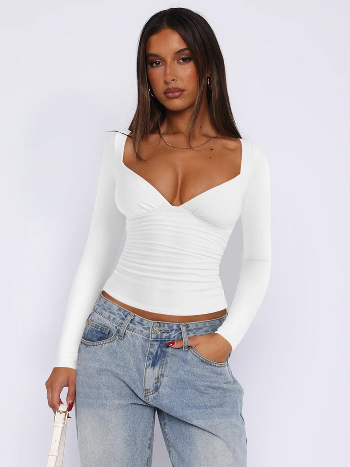 Women Fitted Long-Sleeve Top with V-Neckline and Gathers Mune
