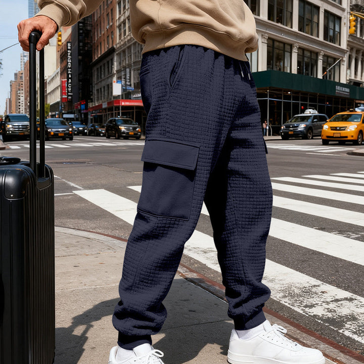 Men's Textured Cargo Jogging Pants with Drawstring, Snap Flap Pockets and Ribbed Cuffs Mune Fashion