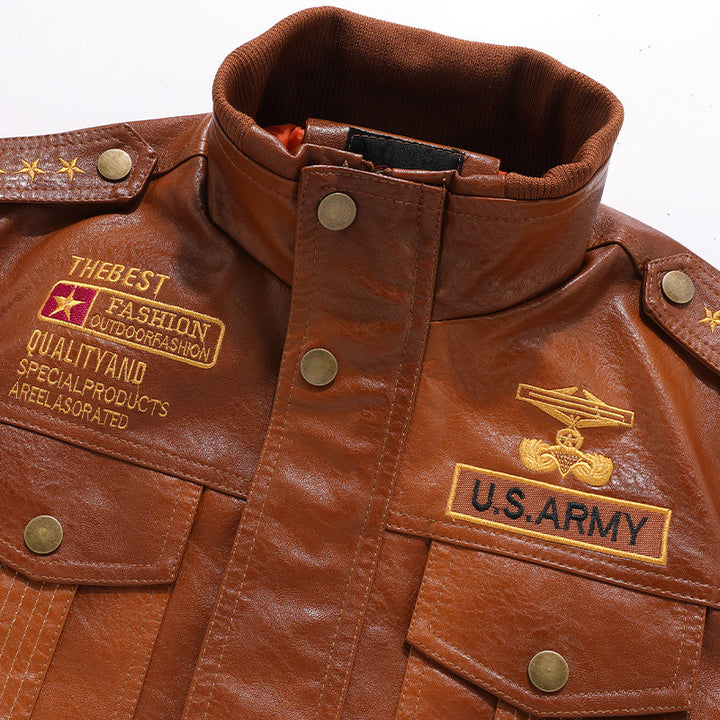 Men's military-inspired leatherette flight jacket with shoulder epaulettes and flap pockets Mune Fashion