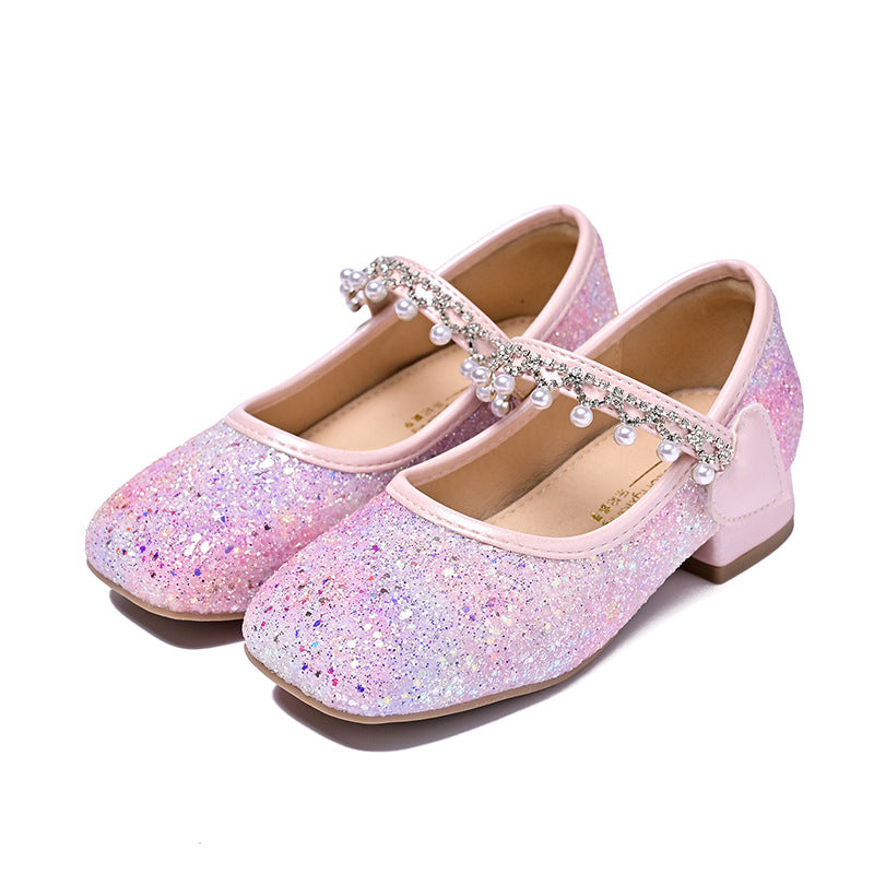 Girls Glittering Mary Jane Ballet Flats with Pearls and Bow Decor Mune Fashion