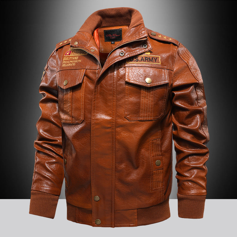 Men's Urban Pilot Leather Jacket in Military Look with Stand-up Collar and Shoulder Epaulettes Mune Fashion