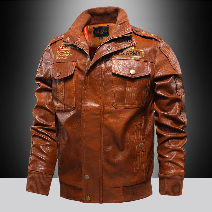 Men's Urban Pilot Leather Jacket in Military Look with Stand-up Collar and Shoulder Epaulettes Mune Fashion