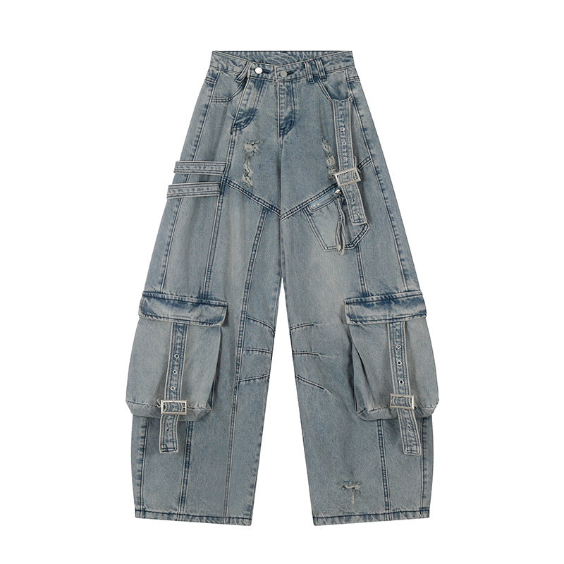 Women's wide jeans cargo culotte with tactical pockets, belt applications and used details Mune Fashion
