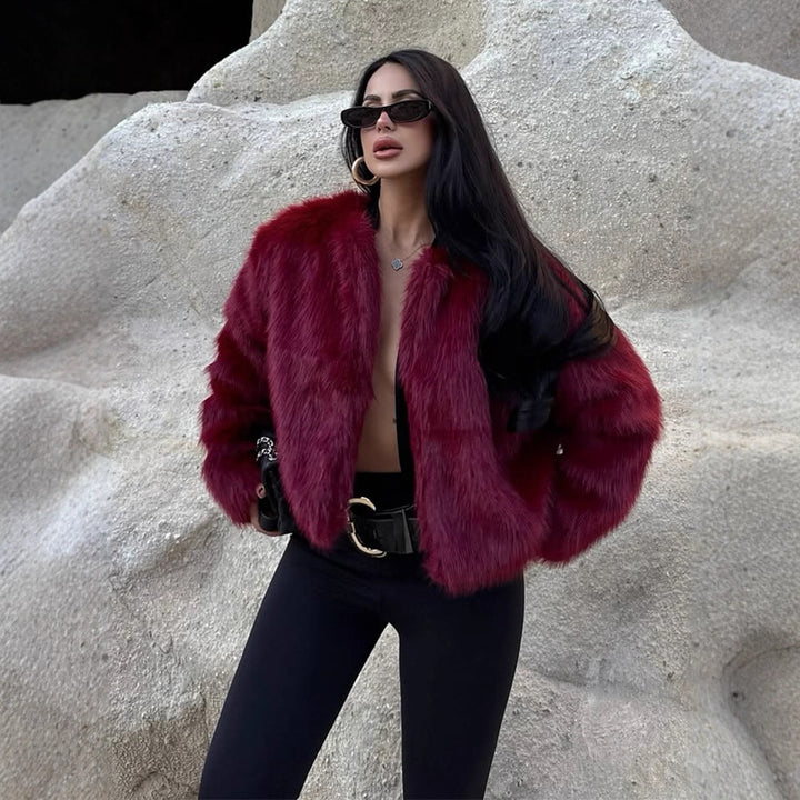 Women's short-cut boxy faux fur bomber with voluminous shawl collar Mune Fashion
