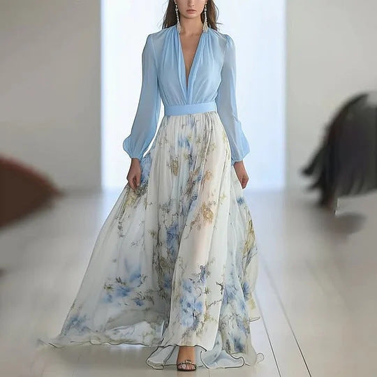 Women's flowing chiffon maxi dress with deep V-neck, fitted waistband, and long bell skirt Mune Fashion