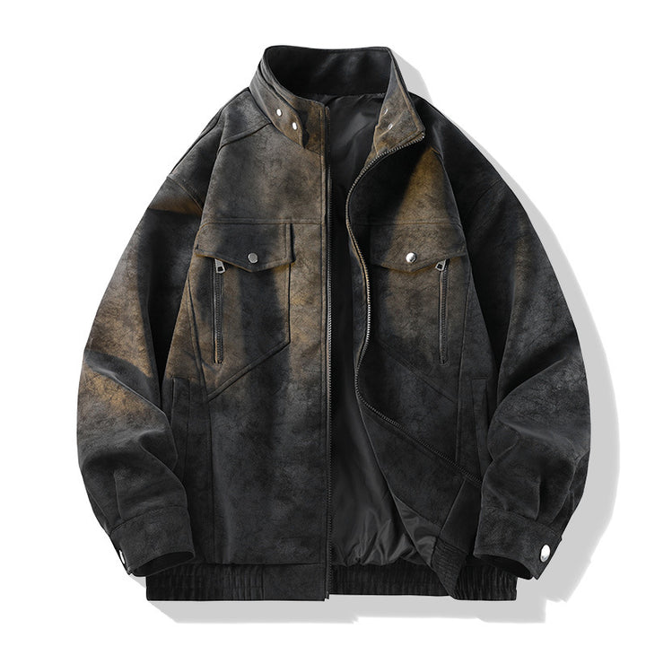 Men's Vintage Look Suede Jacket with Stand-Up Collar, Utility Pockets and Zipper Drune