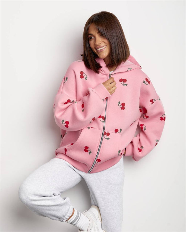 Women's playful hooded zip pullover with cherry print and oversized fit Mune Fashion