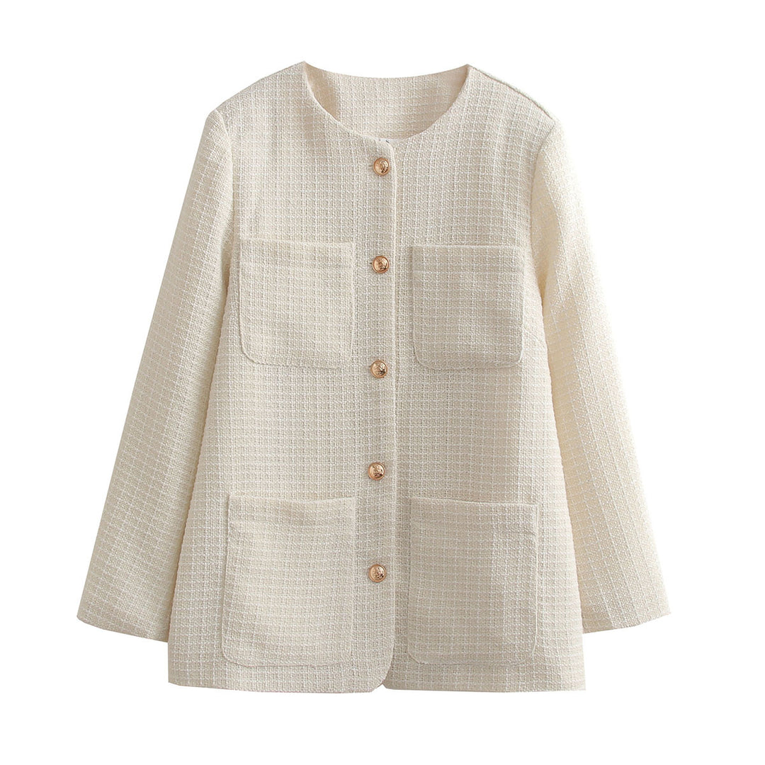 Women Bouclé-Tweed Blazer Jacket with Round Neck and Patch Pockets Mune Fashion