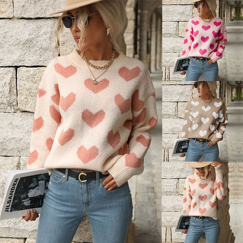 Women's Oversized Sweater with Heart Jacquard and Round Neckline Mune Fashion