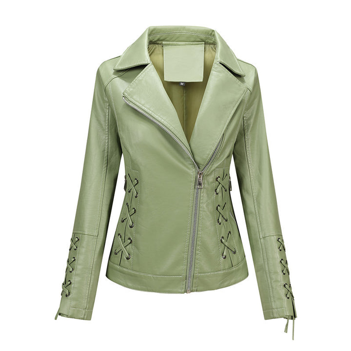 Women's faux leather biker jacket with side lacing and asymmetric zipper Mune Fashion